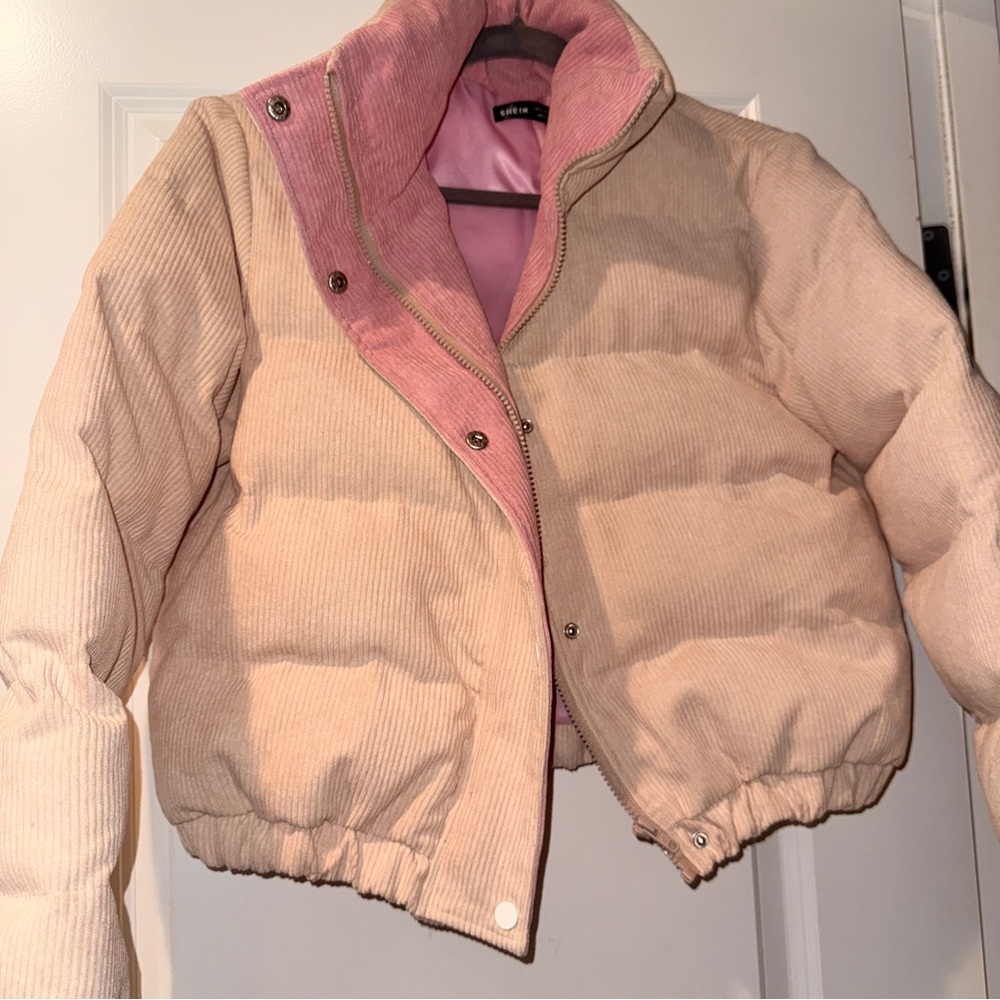 SHEIN Pink and Tan Puffer Jacket